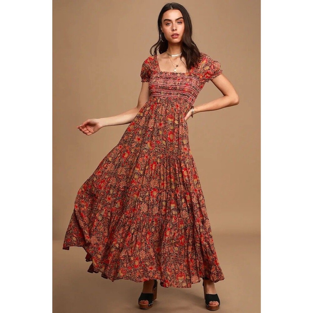 Free People Getaway Size Large Smocked Maxi Flutter Sleeve Boho Tiered $299 Long